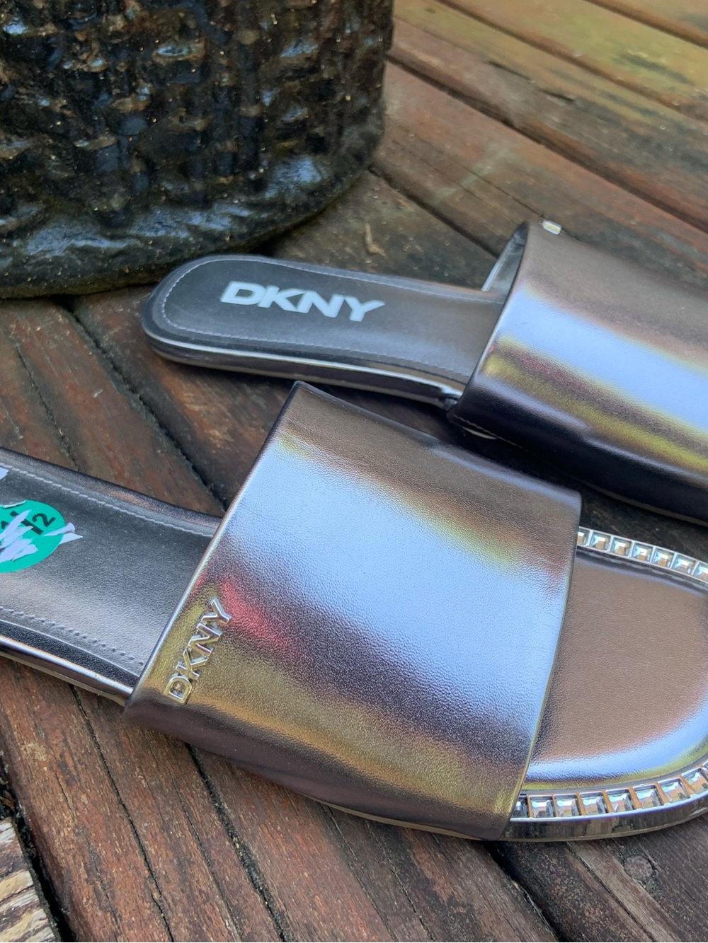 DKNY NWT Metallic Silver Slide Mules with Rhinestone Trim
Size 7.5